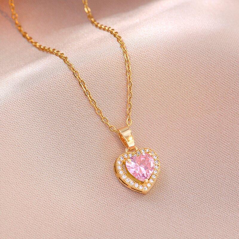1 Pcs Women Fashion Accessories Inlaid Pink Glass Copper Pendant Necklace Hundreds of Light Luxury Style Jewelry