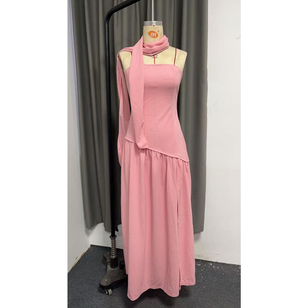 European American Women's Strapless Solid Color Backless Dress, Sexy High Slit Long Party Dress, New Fashion Casual Maxi Dress