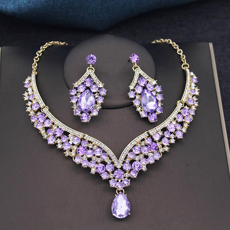 Wspaniałe Królewsko Niebieskie Kryształowe Zestawy Biżuterii Ślubnej Kolorowe Tiary Kolczyki Naszyjniki Zestaw dla Kobiet Suknia Ślubna Korona Zestaw Biżuterii