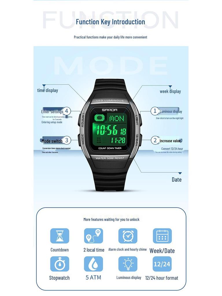 Sanda Universal Multifunctional Waterproof Sport Watch - Small Square Design for Students