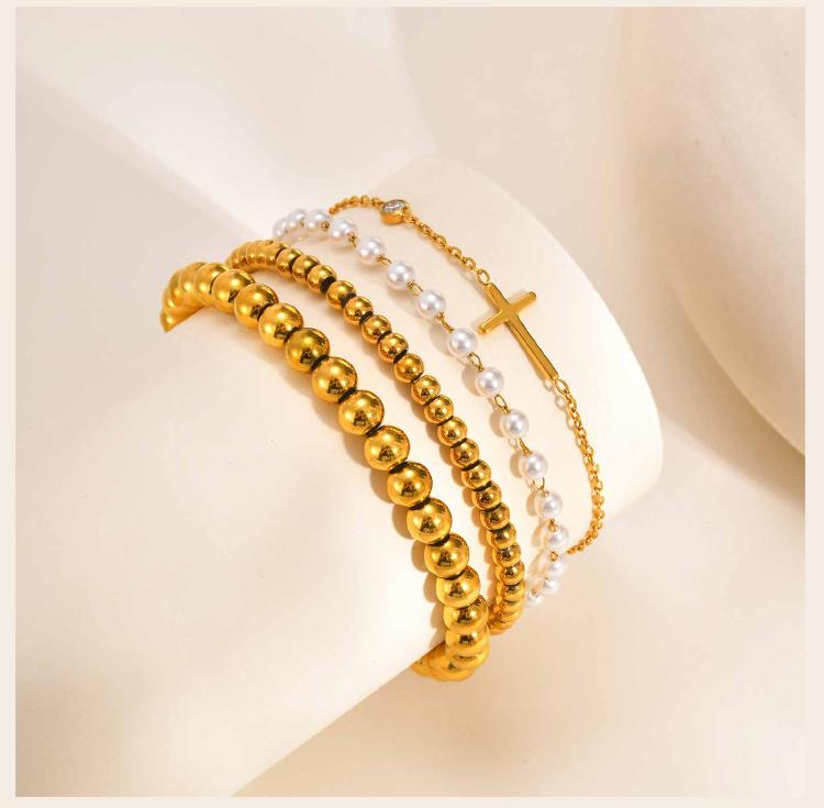 Women's Stainless Steel Beaded Ball Bracelet, Pearl Bracelet, Non-Tarnish Stackable Jewelry Adjustable Wedding Accessories