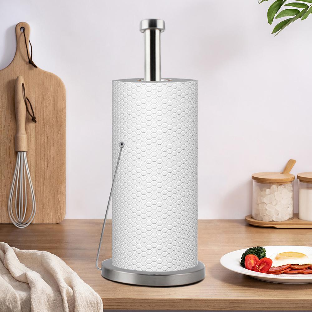 Silver Roll Holder with Round Base Toilet Paper Dispenser Stainless Steel Tissue Napkins Rack for Kitchen Storage Organisation
