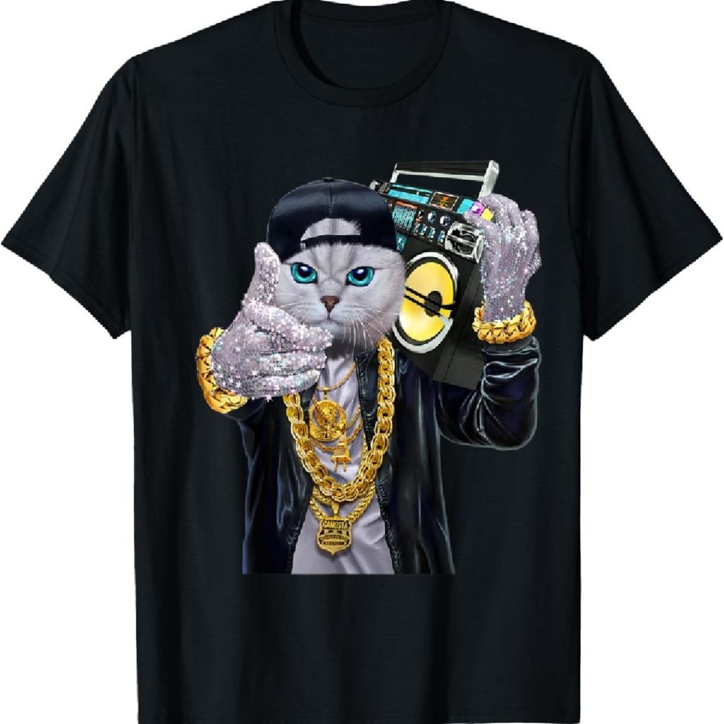 Hip Hop Rapper Cat in Baseball Cap Carrying Music Boombox T-Shirt