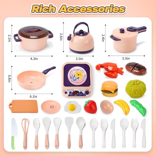Cute Stone 61-Piece Play Kitchen Set, Includes Cookware, Pressure Cooker, Induction Cooktop, Pot, and Cookware, Realistic Ingredients, Cutting Play, P
