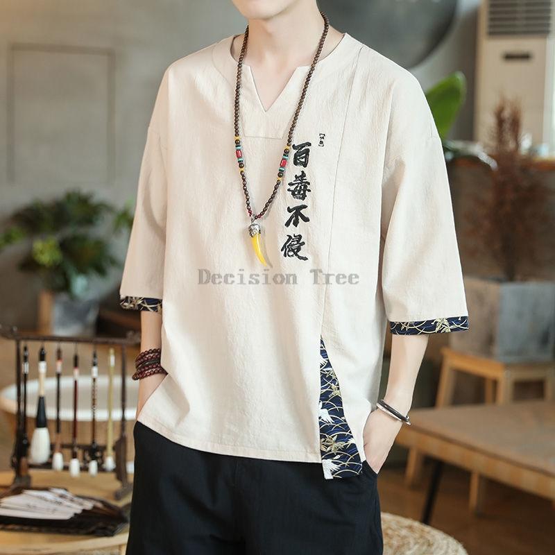 

Vintage Men V-neck Cotton Linen Wushu T-shirt Loose Big Size Comfortable Kungfu Top Chinese Style Embroidery Patchwork Top 5XL хакі