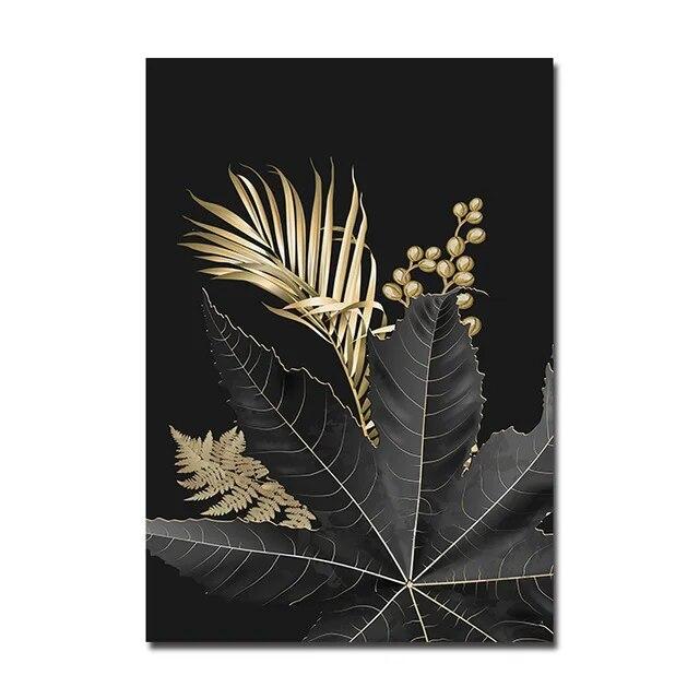 Black Gold Leaves Art Canvas Paintings Modern Plants Flowers Posters and Prints Wall Pictures for Living Room Wall Decor Cuadros