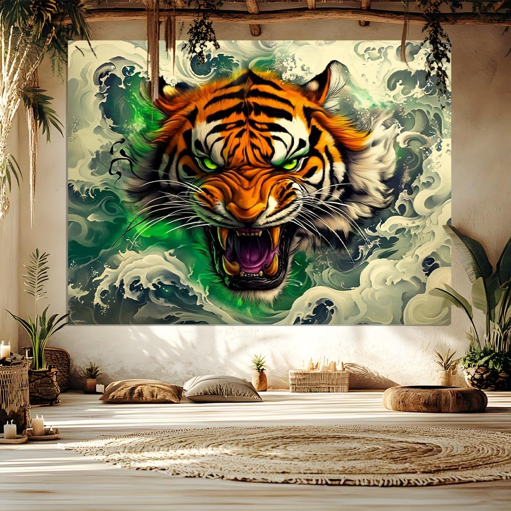 Modern tiger background tapestry with a keen eye and powerful stance-vibrant orange and black fur, roaring wave design tapestry 100X70CM