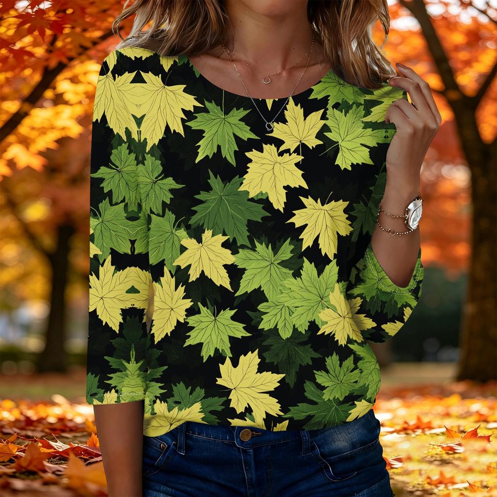 Women's Casual 3/4 Sleeve Printed Top - Maple Leaf Pattern Round Neck Blouse for Fall