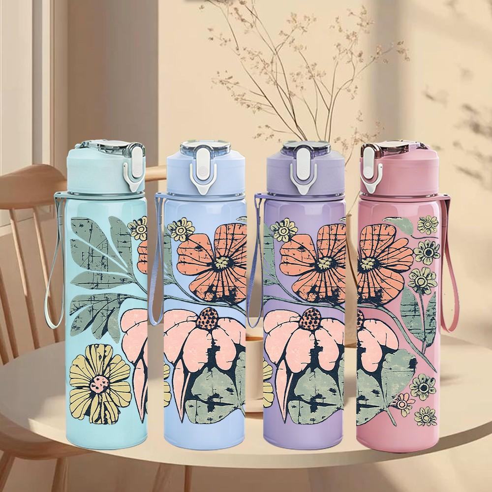 1PC Vintage Mixed Wild Flower Print 750ml Color Plastic Sports Water Bottle Leakproof Flip Straw Lid Suitable for Sports Office Home Use