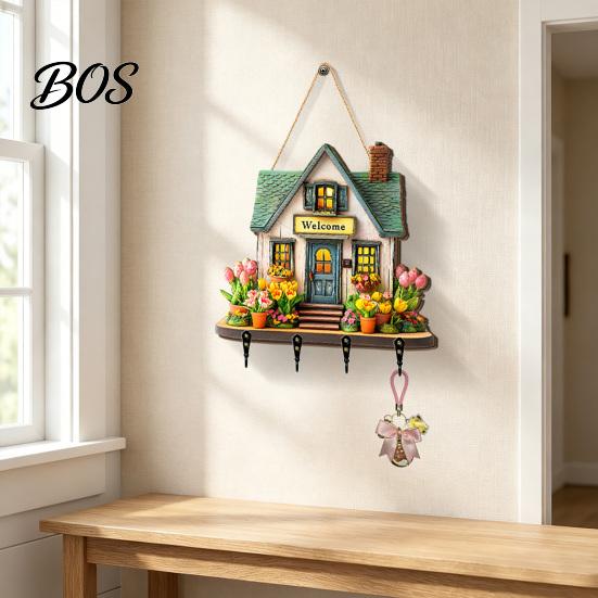 Durable Key Hook Wooden Fairy House Hanging Sign, Cottage Holder Wall Decor with 4 Entryway Storage Hooks, Vintage Flower Rack for Hallway Kitchen