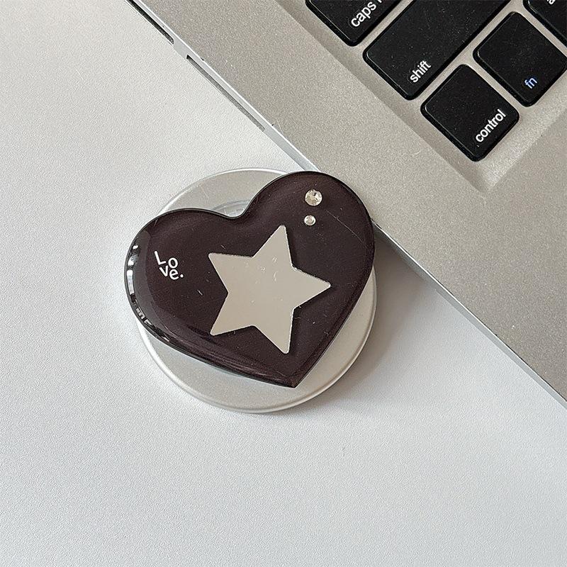 Heart-shaped Rhinestone Star Mirror Phone Holder with Magnetic Finger Ring