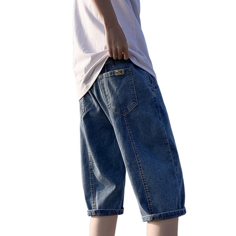 Summer Thin Five Quarter Denim Shorts Men's Seven Quarter Pants Loose Straight Leg Drawstring Elastic Waist Shorts