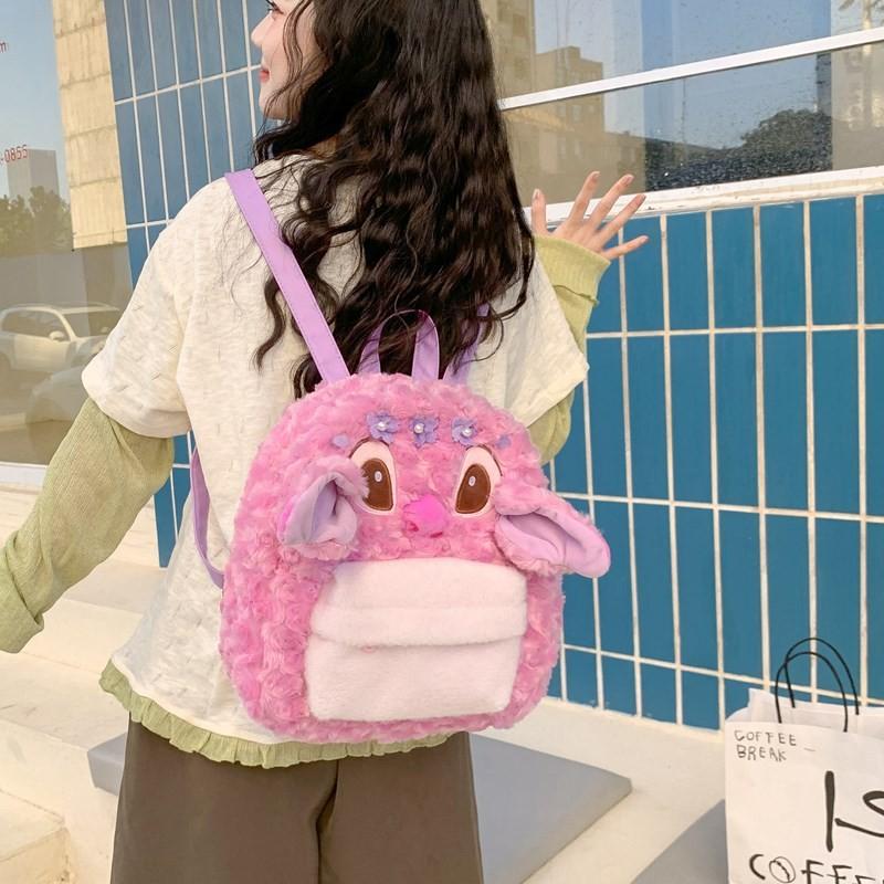 Stitch Pink Plush Backpack Cherry Blossom Pearl Design With Closure Drawstring