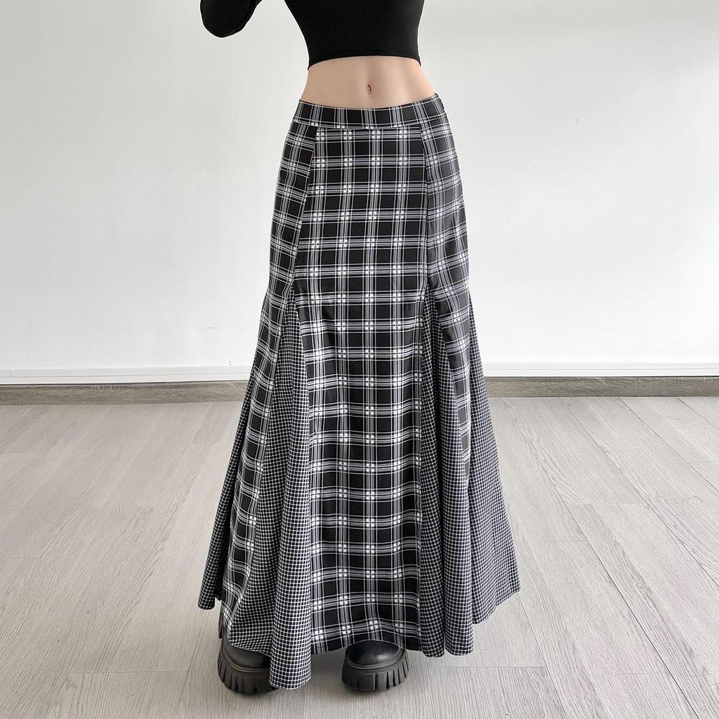 American Retro Patchwork Plaid Low-Waist Long Skirt for Women