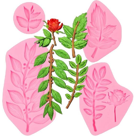 Rose Leaves Silicone Mold Set, 5 Pieces, Pink Fondant Molds for Cake Decorating