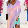 Women Plus Size V Neck Long Sleeve Printed A Line Dress Black Blue Purple Green