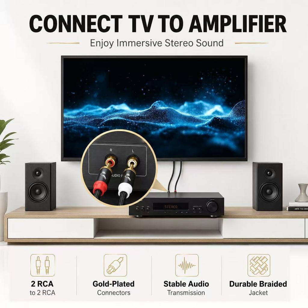 RG 2 RCA to 2 RCA Audio Cable Male to Male Stereo AV Cord Gold-Plated HiFi Cable for Speaker Amplifier TV DVD PlayerGood product