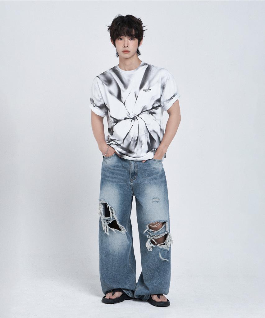 LEMAIN SECOND Tie-Dye Water Print Oversized Short Sleeve T-Shirt [Ivory]