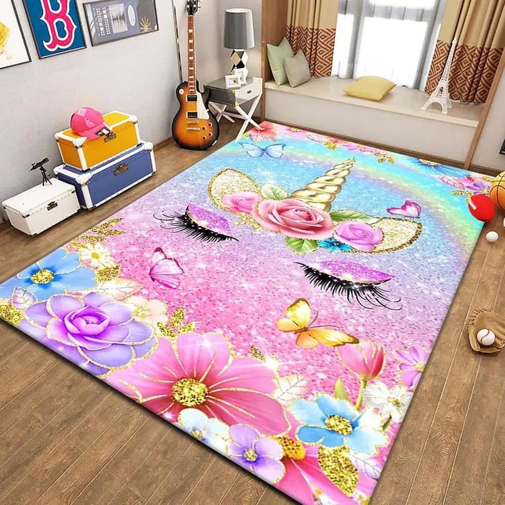 Cartoon Cute Unicorn Printed Carpet Children's Play Rug Hallway Balcony Non-slip Floor Mat Girl Living Room Home Decoration