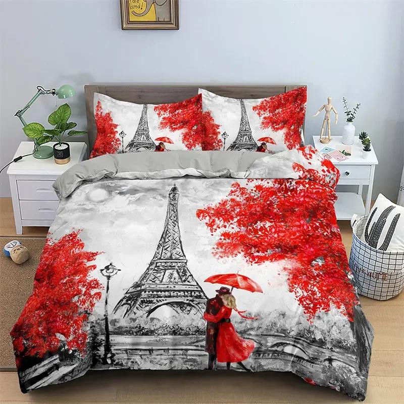 Paris Eifel Tower Twin King Soft Duvet Cover Romantic Theme Swet Couple Beding Set Microfiber Flower Warm Comforter Cover For Girl Ten