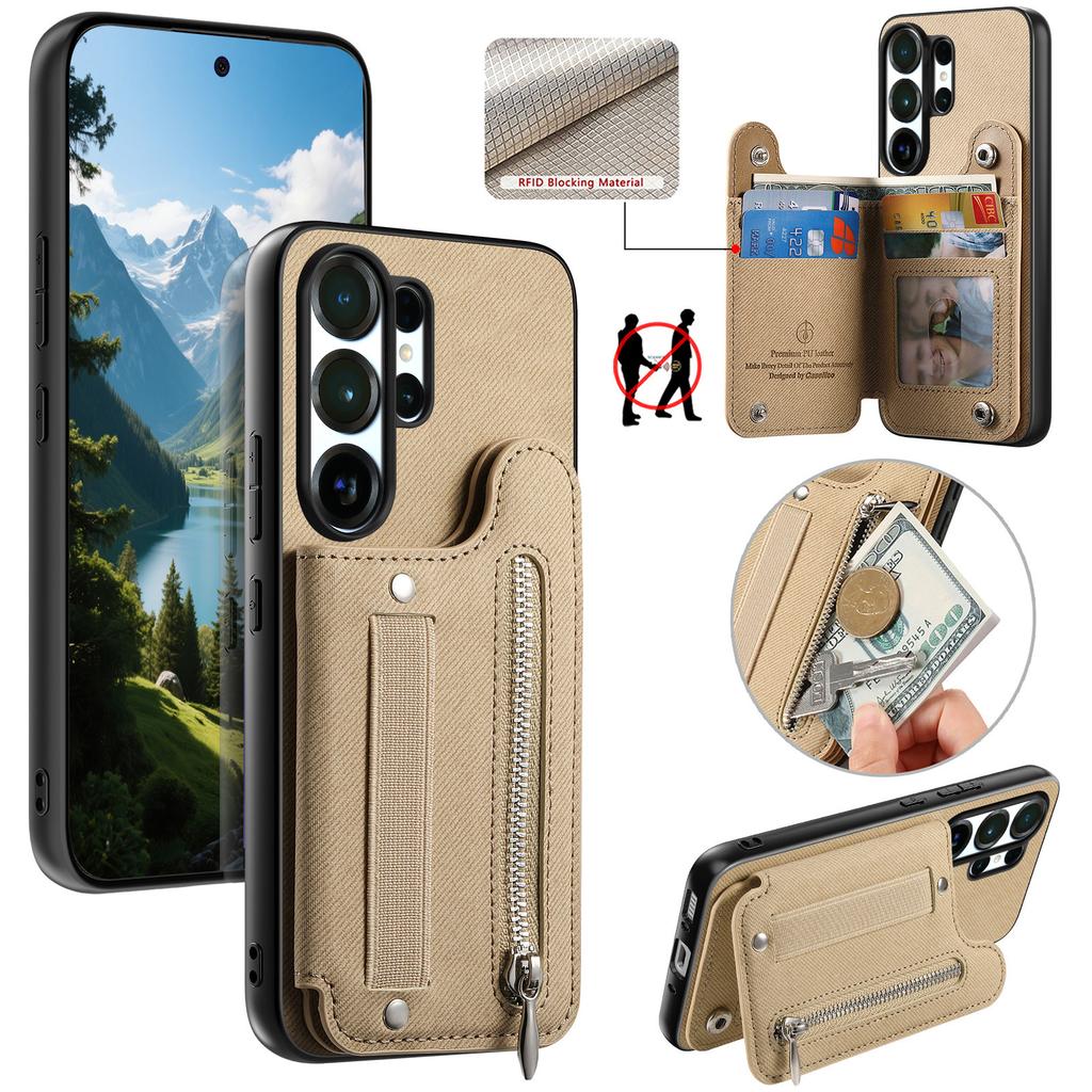 Magnetic Zipper Elastic Wrist Strap Cards Solt Wallet Leather Case For Samsung S25 Ultra S24 Plus S23 A17 A07 kickstand Cover