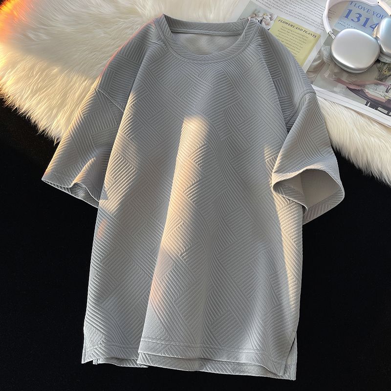 

Летняя мужская футболка с круглым вырезом, свободная жаккардовая футболка с коротким рукавом, модный простой повседневный пуловер с половиной рукавом, дышащий и впитывающий пот топ 3XL серый