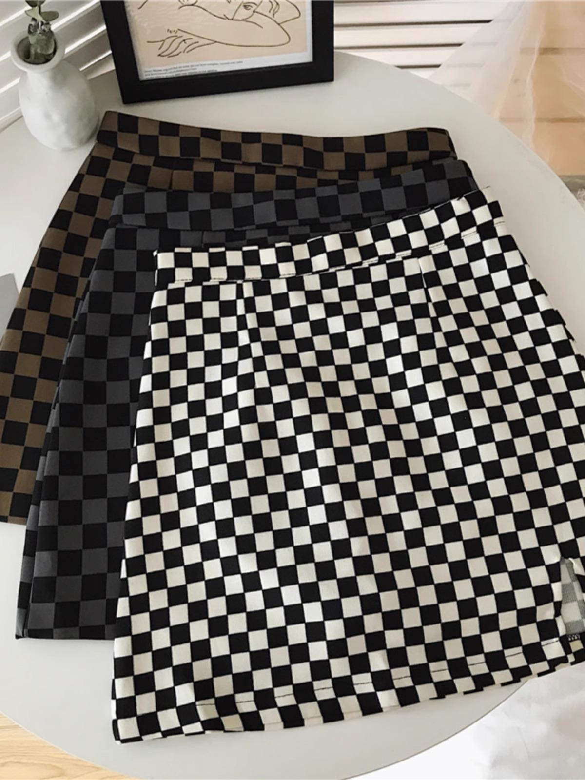 

**Spring 2024 Women s High-Waist Slimming Checkerboard A-Line Midi Skirt** S