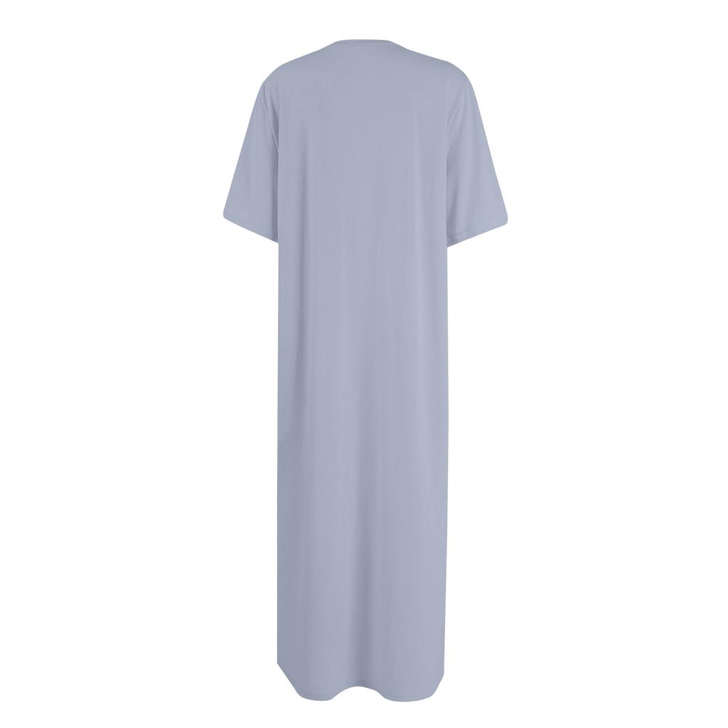 Damen Farbe Kurzarm Rundhals Saum Schlitz Kleid