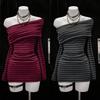 Autumn Winter Striped One-Shoulder Long-Sleeve Y2K Knit Hip-Hugging Dress