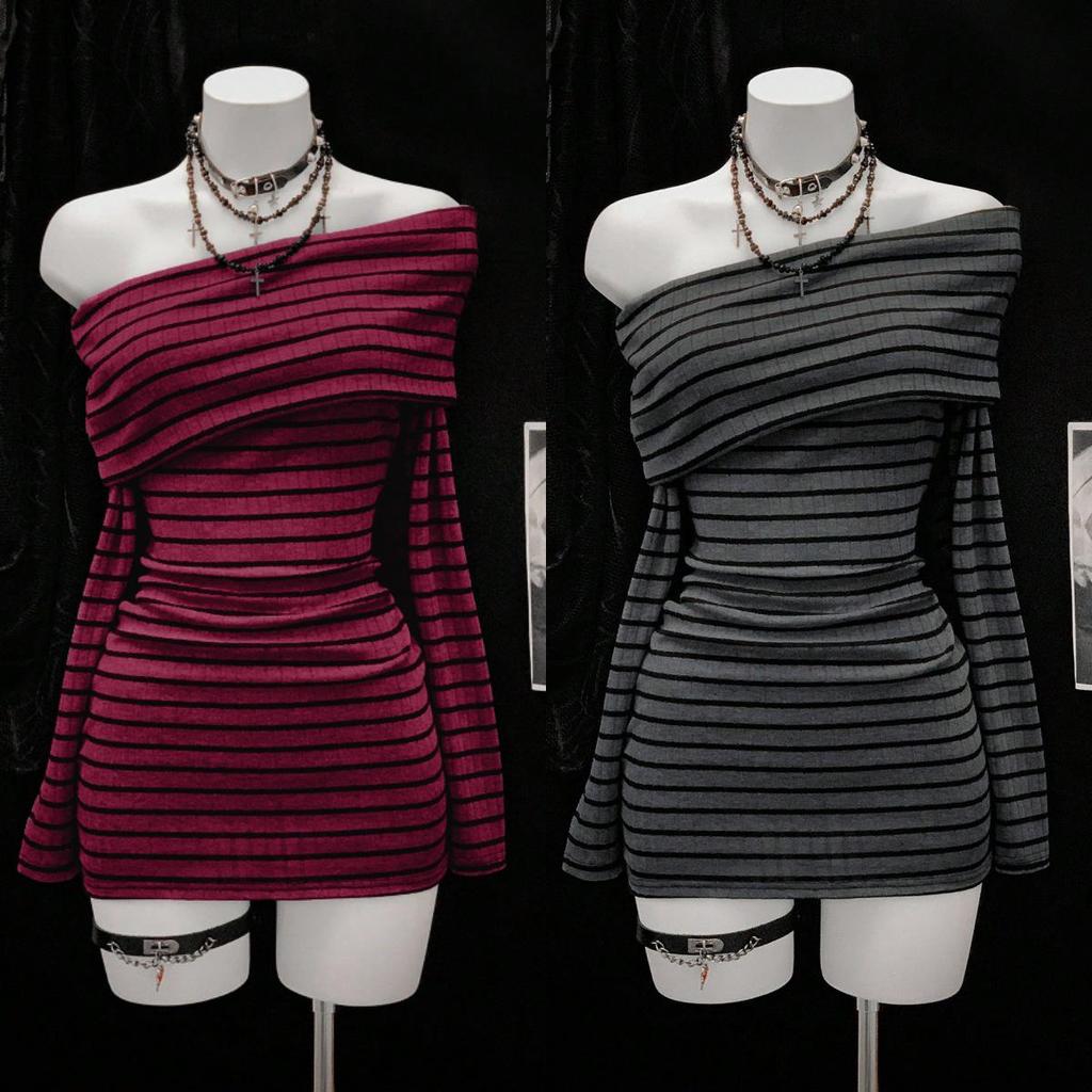 Autumn Winter Striped One-Shoulder Long-Sleeve Y2K Knit Hip-Hugging Dress