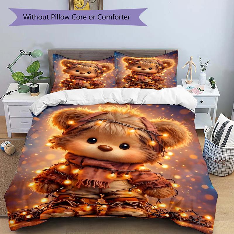 3pcs Christmas Lights Teddy Bear Bedding Set - Includes One Quilt Cover and Two Pillowcases (No Core) - Festive Gift for Bedroom Decor - Pol