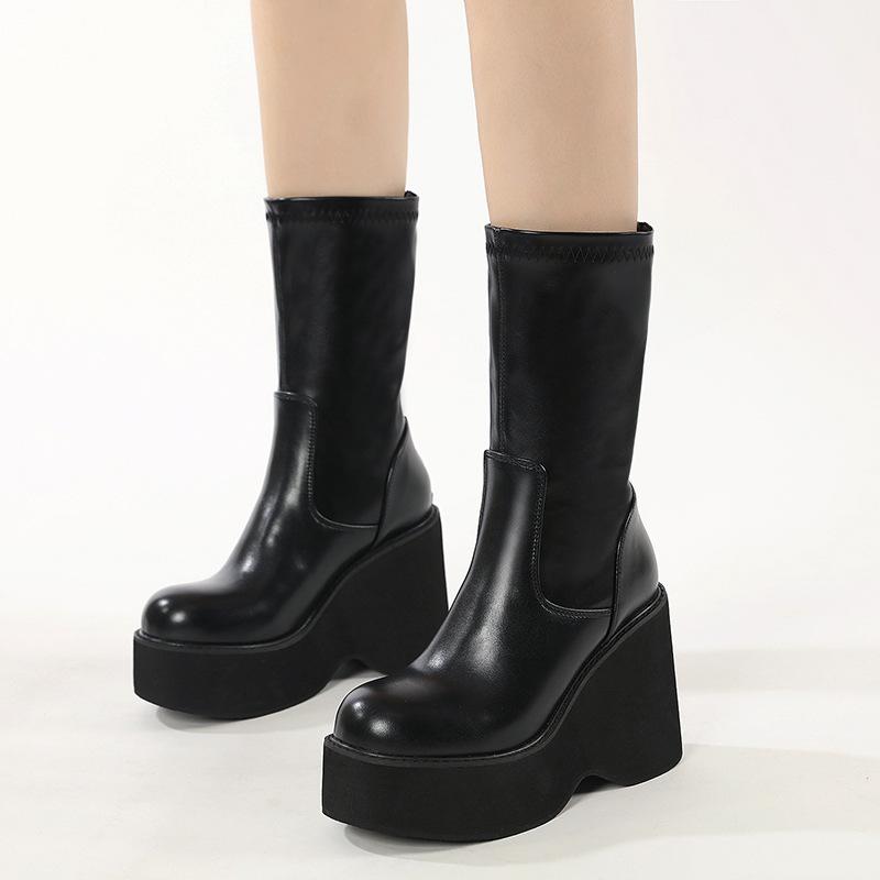 Fashion Matte Black Knee High Boots Women Platform Wedges High Heels Thick Bottom Ladies INS Hot Winter Fashion Elegant Drop Ship
