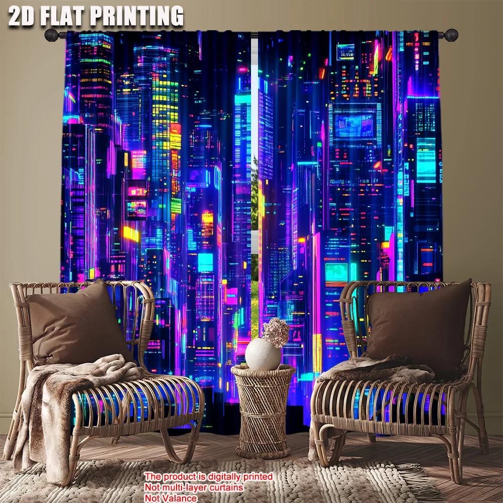Vibrant Cityscape Window Curtains Polyester Living Room Decor Darkening Set Of 2 Made With Rod Pocket Great