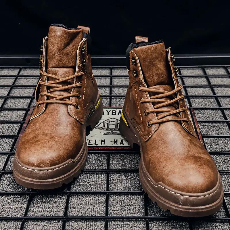 

Зимние ботильоны мужские повседневные туфли для улицы осенние кожаные водонепроницаемые рабочие инструменты мужские ботинки теплые 44 коричневый