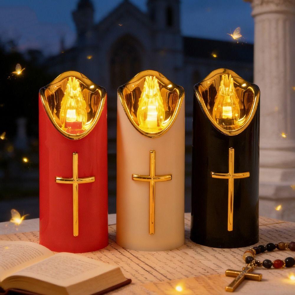Creative Christian Cross Candles Waterproof Realistic Flame Candles Cemetery Memorial