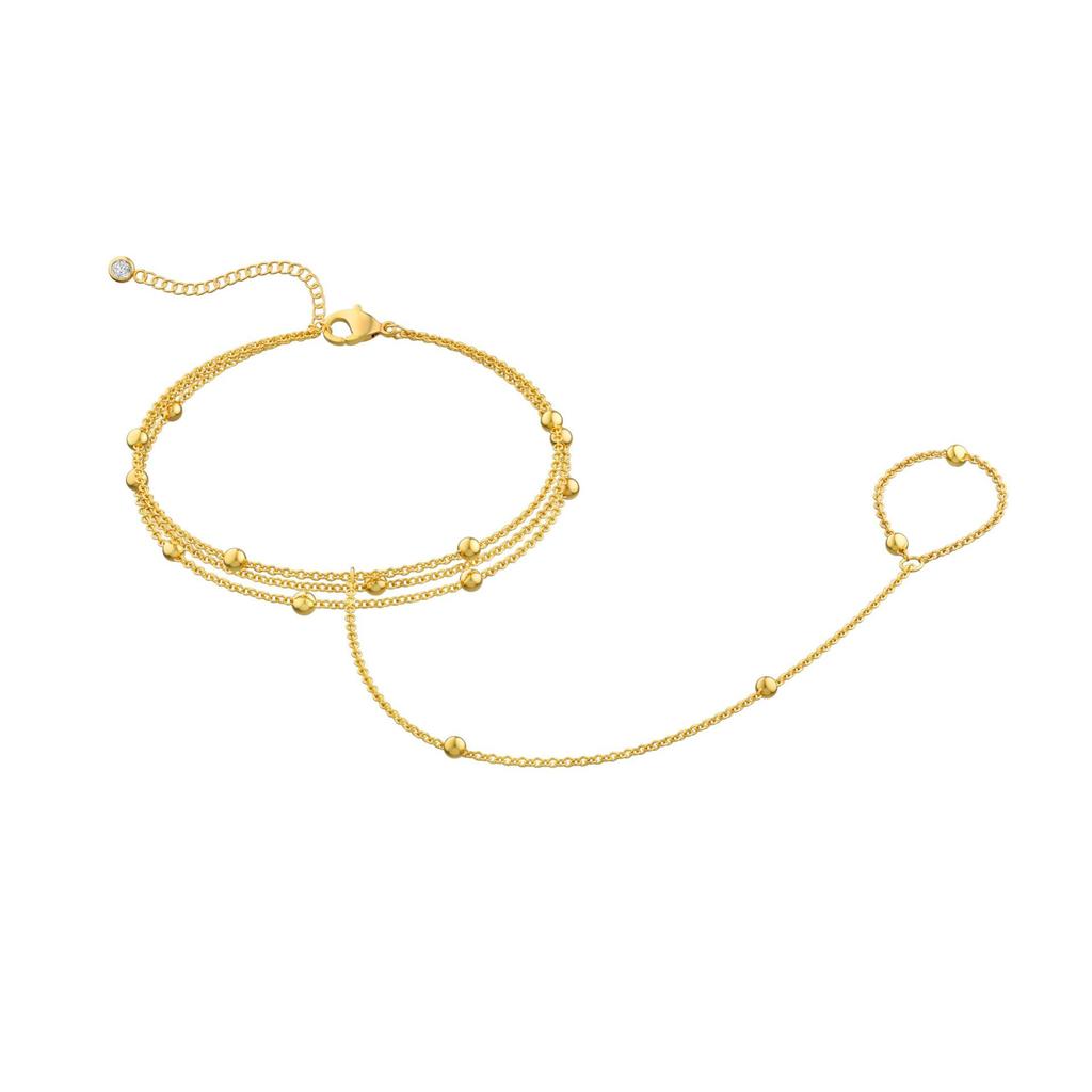 18K Gold Plated Stainless Steel Three-Layer Cross Ball Chain Finger Bracelet with Ring, Non-Fading.