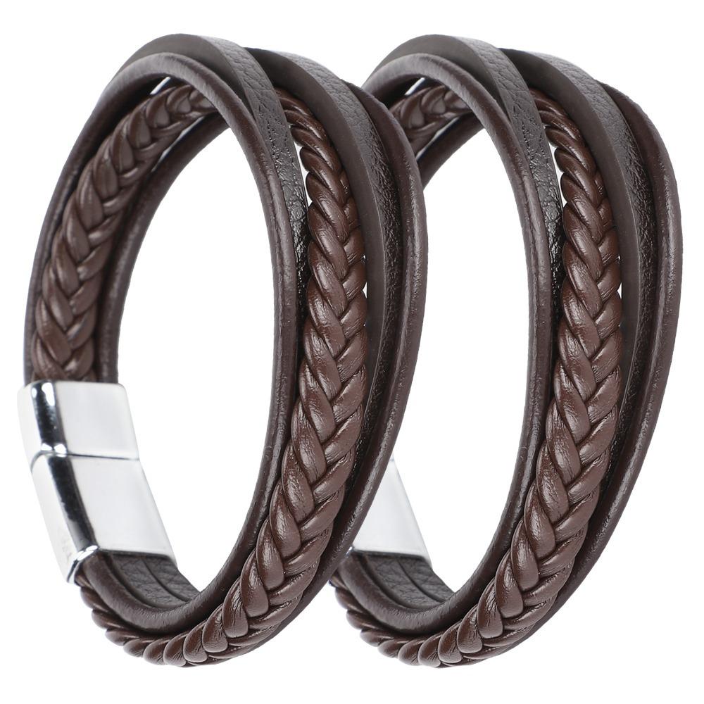 2pcs PU Leather Leather Bracelet Brown Multi-Strand Bracelet Fashion Braided Bracelet For Men