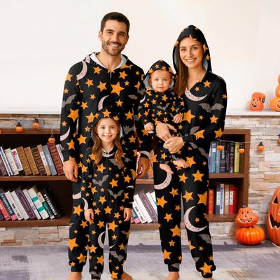 Ensemble Combinaison à Capuche Manches Longues Fermeture Éclair Imprimé Halloween Assorti pour la Famille