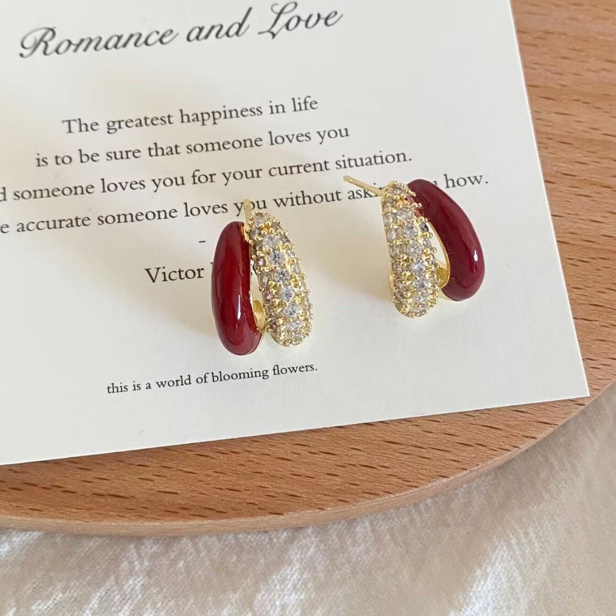 Elegant Vintage French Angora Red C-Shaped Zirconia Stud Earrings