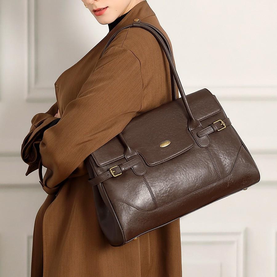 Simple First Layer Cowhide Leather Large Capacity Bag Commuter Retro Handbag Fashion Shoulder Underarm Tote Bag