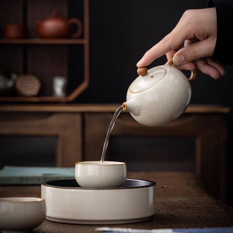 Small Beige Crackle Glaze Ru Ware Xishi Teapot – Ceramic Kung Fu Tea Infuser Set