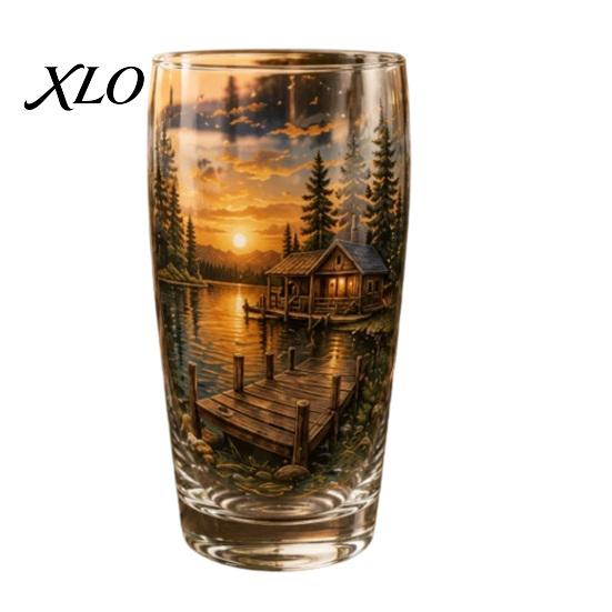 Outdoor Camping Drinkware Fishing Pint Glass Cup, Realistic Jumping Fish Pattern Design, Thickened Mountain Scenery Cups Creative Cup for And