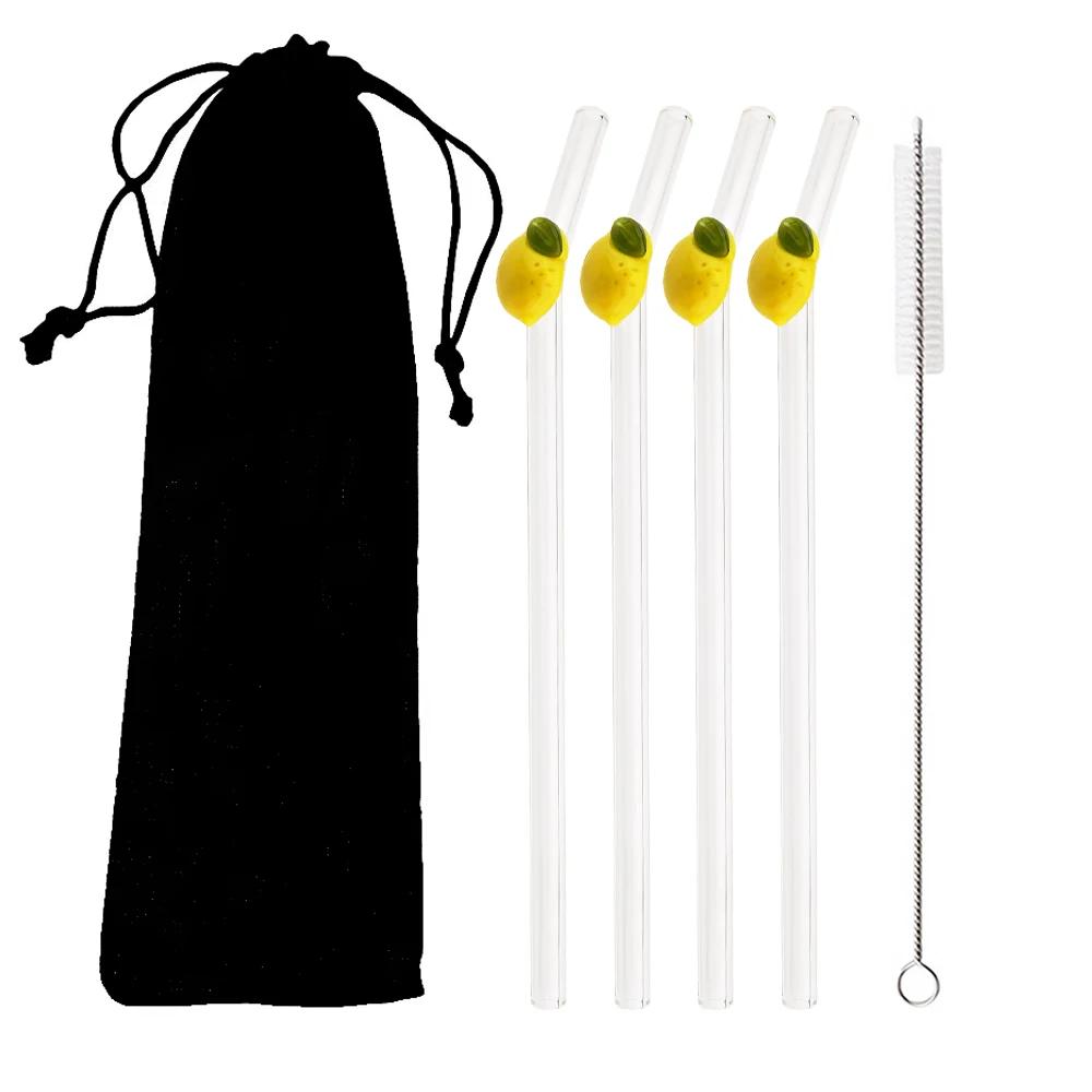 200*8mm Drinking Straw Set with Brush 4/5pcs Lemon Glass Straws High Borosilicate Bent Glass Straw Home Party Bar Drinkware