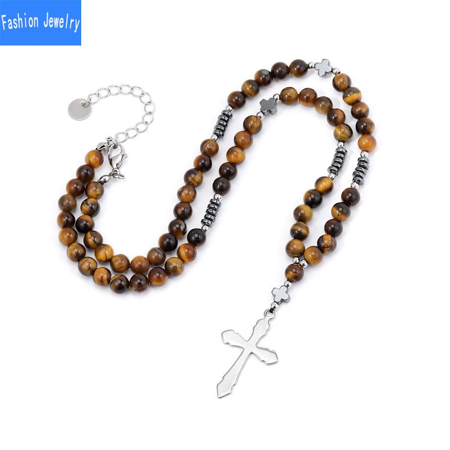 Fashionable Natural Stone Black Onyx Tiger Eye Stone Beaded Cross Necklace Men's Hip Hop Necklace