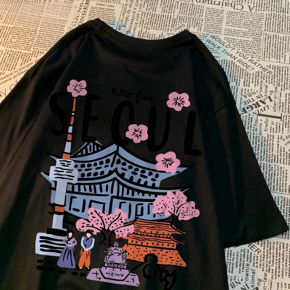 

Hello From Seoul City TShirt Korean Style Cherry Blossom Graphic Tee Harajuku Streetwear Unisex White Fashion Top 4XL