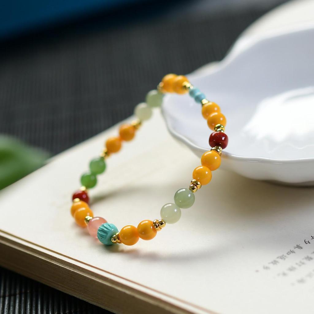 Natural Hetian Jade & Amber Multi-Gem Bracelet with 925 Silver and Southern Red Agate Beads