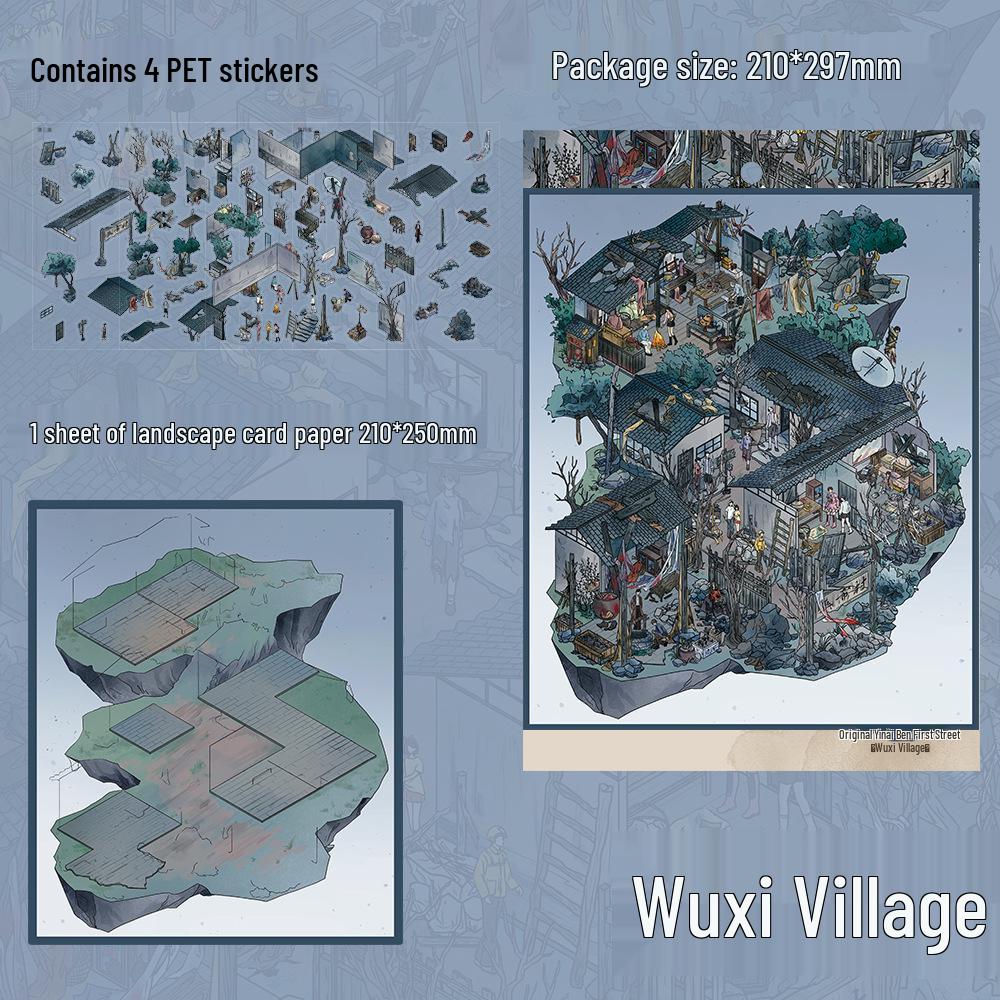 Wuxi Village Scenery PET Stickers: 4 Sheets for DIY Miniature Horror Scenes