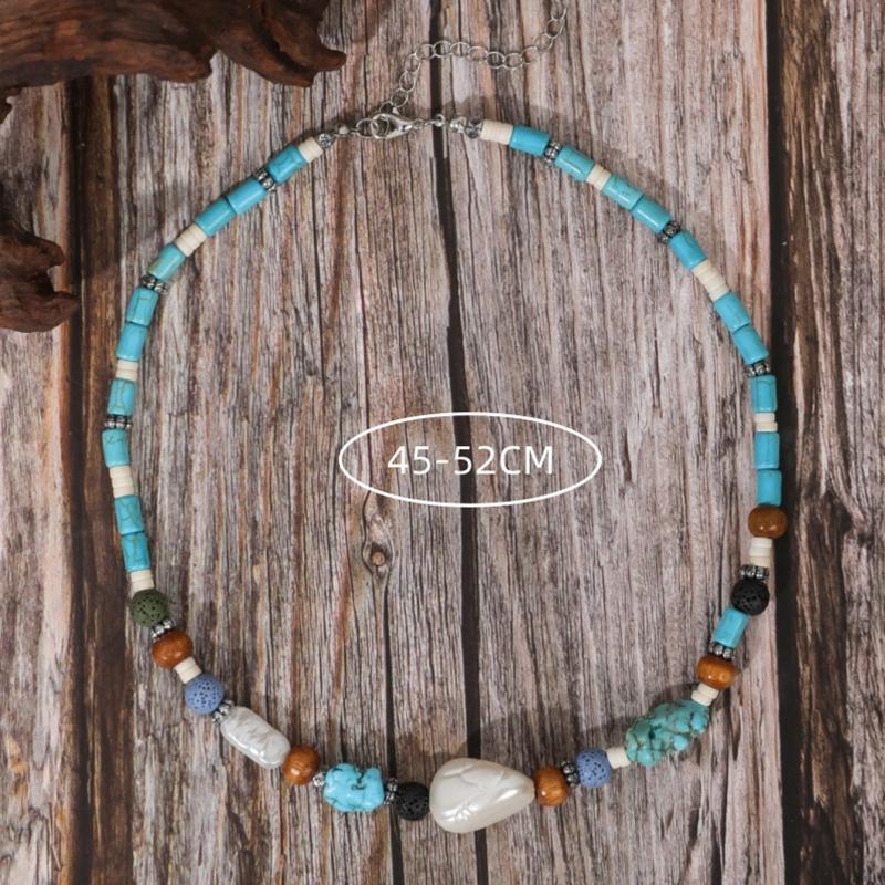 BLINGBAY Kadın Boncuklu Kolye Bohem Retro Etnik Turkuaz El Yapımı Boncuklu Ahşap Boncuklar Düzensiz Kolye Kız Doğum Günü Hediyesi