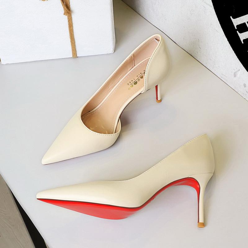 Korean Style Pointed Toe Slim Heels With Shallow Mouth Side Hollow Office High Heels For Pedicures And One Foot For High Heels