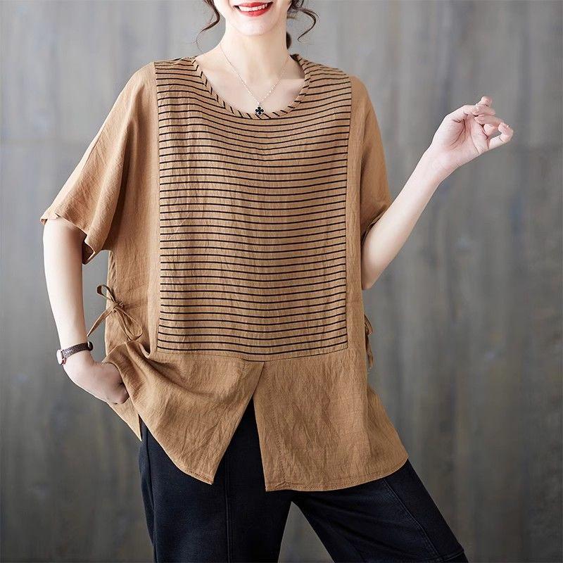 Large Size Middle-aged Mother's Summer Outfit New Striped Short-sleeved T-shirt for Women Fat Mm Top